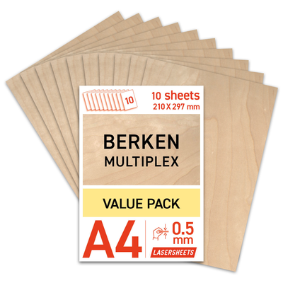 Lasersheets 10 x A4 0,5 mm Birkekrydsfiner | 210 x 297 mm | Fordelspakke | Til laserskæring, modelbygning, hobby, CNC, pyrografi