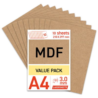 Lasersheets 10 x A4 3mm MDF | 210 x 297 mm | Fordelspakke | Til laserskæring, modelbygning, hobby, CNC, pyrografi