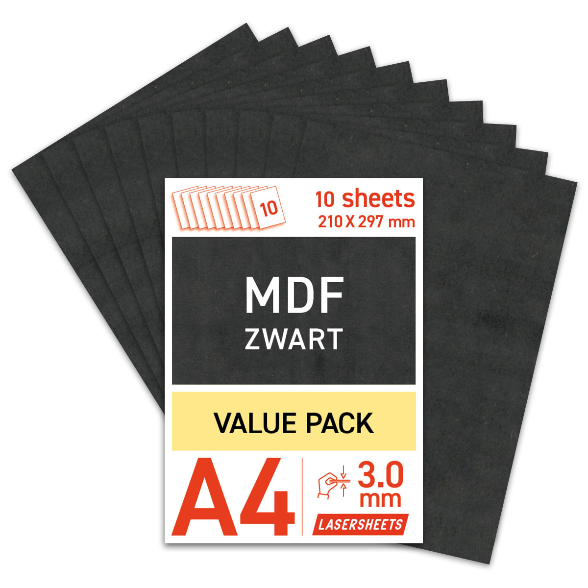 Lasersheets 10 x A4 3mm Sort MDF | 210 x 297 mm | Fordelspakke | Til laserskæring, modelbygning, hobby, CNC, pyrografi