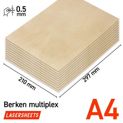 Lasersheets 10 x A4 0,5 mm Birkekrydsfiner | 210 x 297 mm | Fordelspakke | Til laserskæring, modelbygning, hobby, CNC, pyrografi