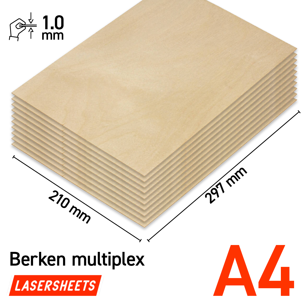 Lasersheets 10 x A4 1mm Birke krydsfiner | 210 x 297 mm | Fordelspakke | Til laserskæring, modelbygning, hobby, CNC, pyrografi