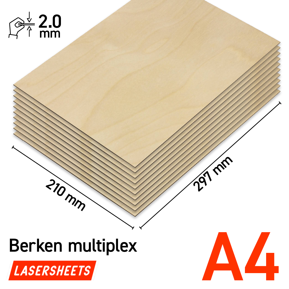 Lasersheets 10 x A4 2mm Birkekrydsfiner | 210 x 297 mm | Værdipakke | Til laserskæring, modelbygning, hobby, CNC, pyrografi