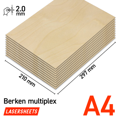 Lasersheets 10 x A4 2mm Birkekrydsfiner | 210 x 297 mm | Værdipakke | Til laserskæring, modelbygning, hobby, CNC, pyrografi