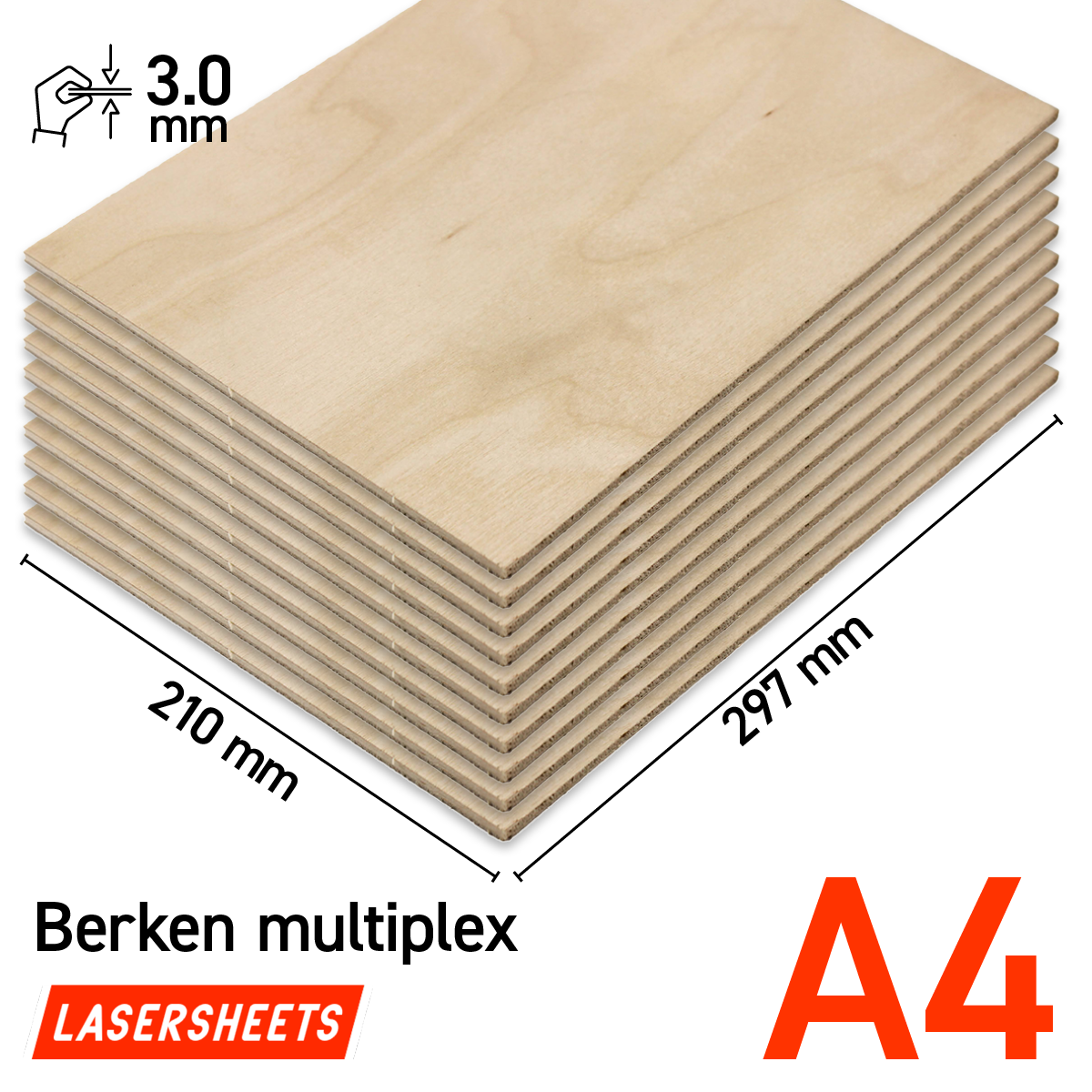 Lasersheets 10 x A4 3mm Birkekrydsfiner | 210 x 297 mm | Fordelspakke | Til laserskæring, modelbygning, hobby, CNC, pyrografi