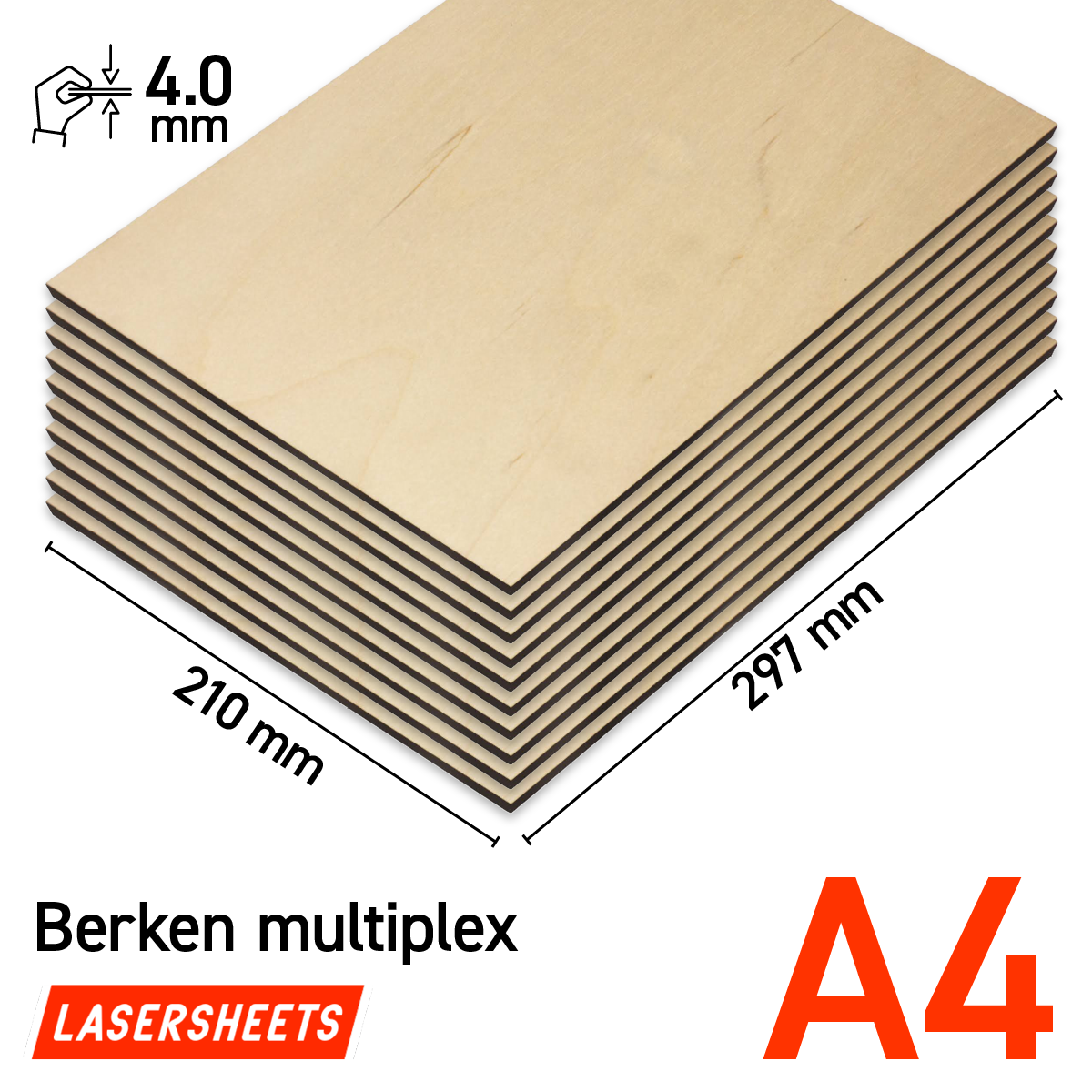 Lasersheets 10 x A4 4 mm Birkekrydsfiner | 210 x 297 mm | Fordelspakke | Til laserskæring, modelbygning, hobby, CNC, pyrografi