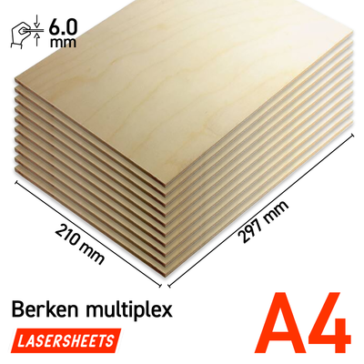 Lasersheets 10 x A4 6mm Birkekrydsfiner | 210 x 297 mm | Fordelspakke | Til laserskæring, modelbygning, hobby, CNC, pyrografi