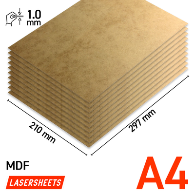 Lasersheets 10 x A4 1mm MDF | 210 x 297 mm | Fordelspakke | Til laserskæring, modelbygning, hobby, CNC, pyrografi