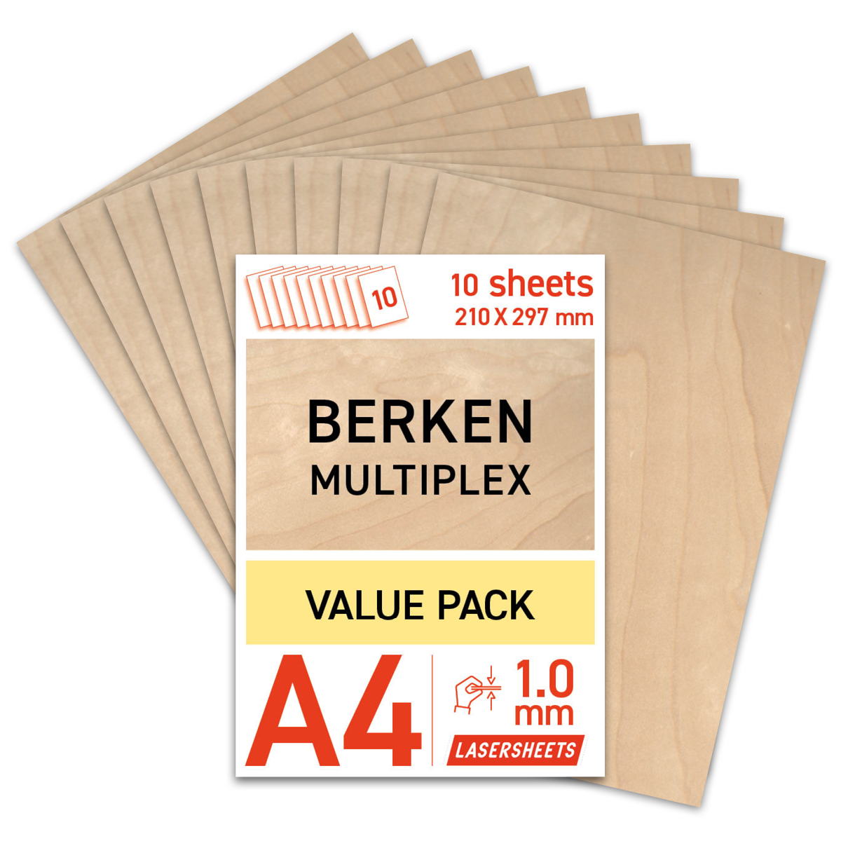 Lasersheets 10 x A4 1mm Birke krydsfiner | 210 x 297 mm | Fordelspakke | Til laserskæring, modelbygning, hobby, CNC, pyrografi