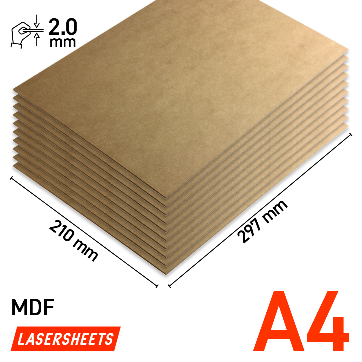 Lasersheets 10 x A4 2mm MDF | 210 x 297 mm | Fordelspakke | Til laserskæring, modelbyggeri, hobby, CNC, pyrografi