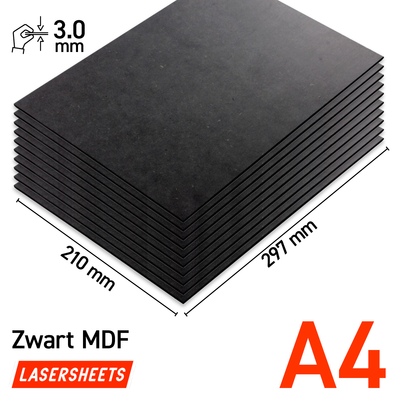 Lasersheets 10 x A4 3mm Sort MDF | 210 x 297 mm | Fordelspakke | Til laserskæring, modelbygning, hobby, CNC, pyrografi