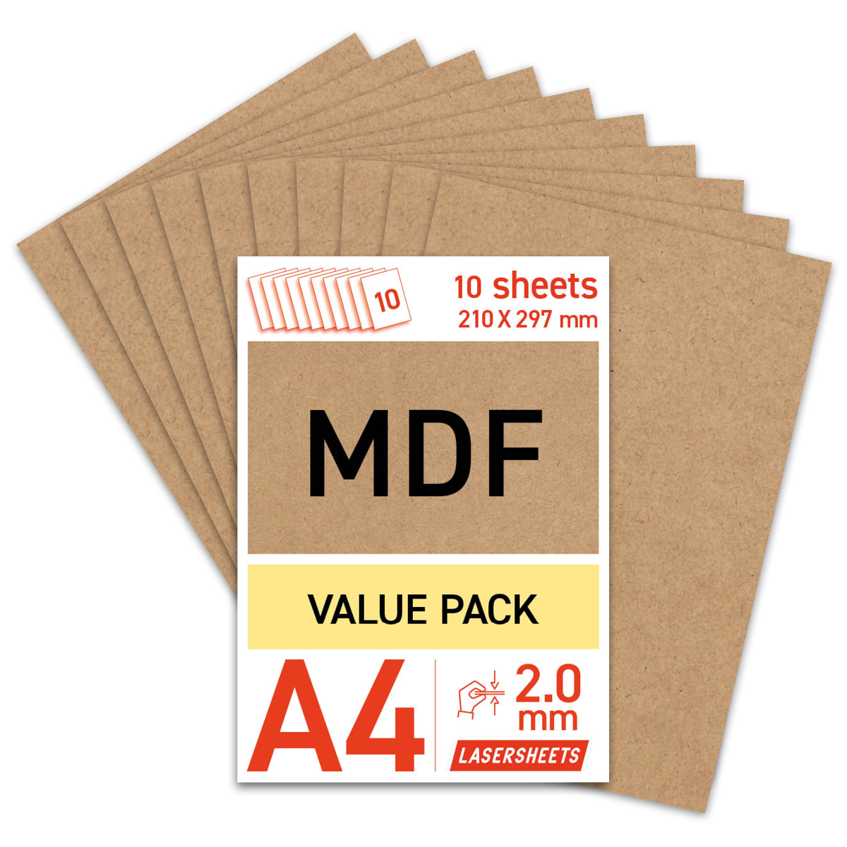 Lasersheets 10 x A4 2mm MDF | 210 x 297 mm | Fordelspakke | Til laserskæring, modelbyggeri, hobby, CNC, pyrografi